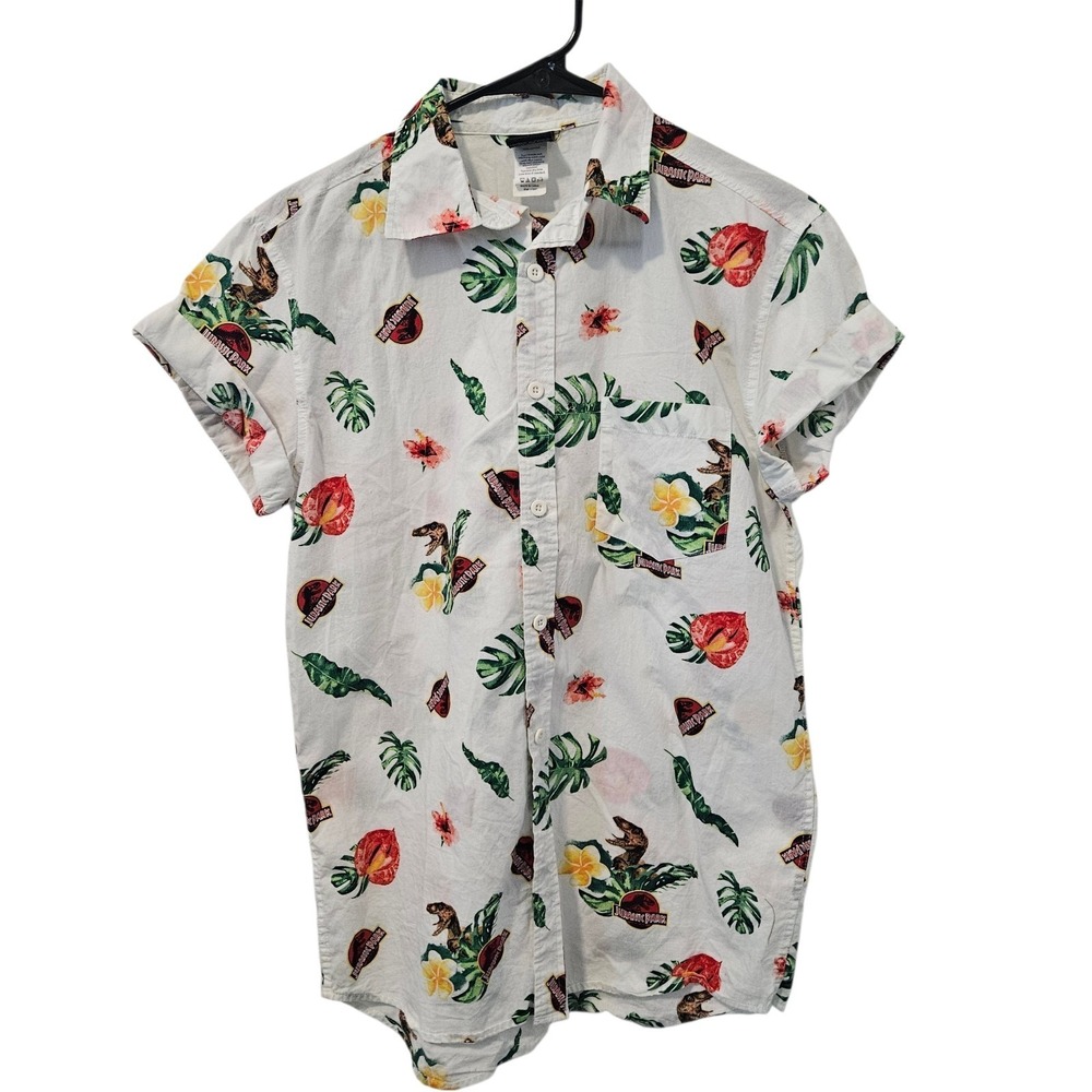 Official Jurassic World Shirt Mens Small White Dinosaur Hawaiian Button Up